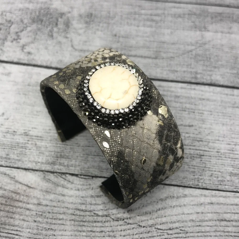 Snakeskin textured faux leather dressy statement cuff bracelet with stone